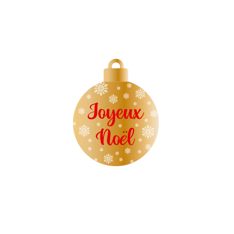 Bauble-shaped adhesive gift labels with Joyeux Noël in gold, red and black (x500)